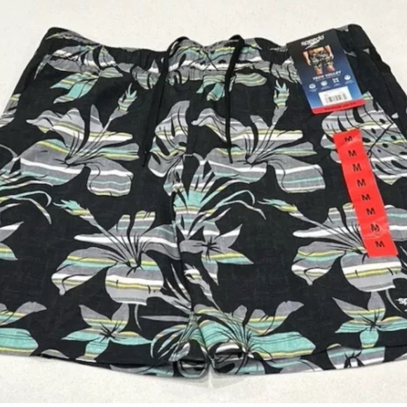 Speedo Tech Volley with UPF Protection Blue and Green Floral Swim Shorts Medium - Picture 1 of 8